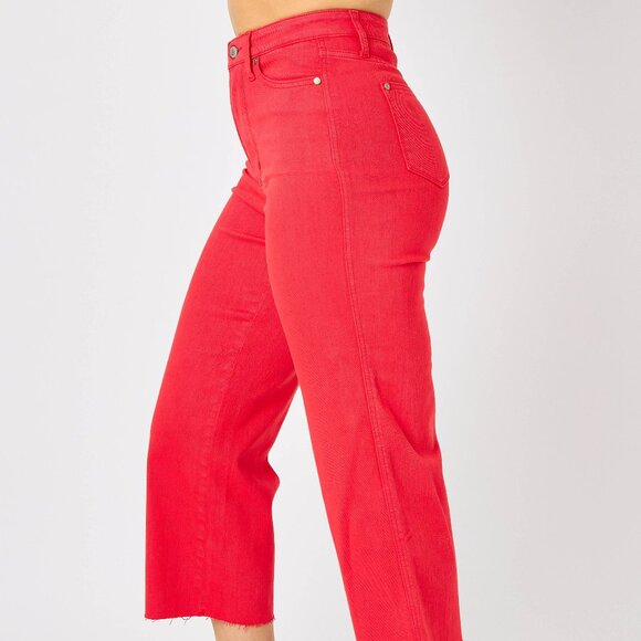 NWT Judy Blue High Waist Red Garment Dyed Tummy Control Crop Wide Leg - Picture 1 of 8
